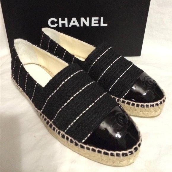 CHANEL 15S 2015 Classic Tweed Patent Cap Toe CC Logo Espadrilles Flats Shoes - Picture 6 of 11
